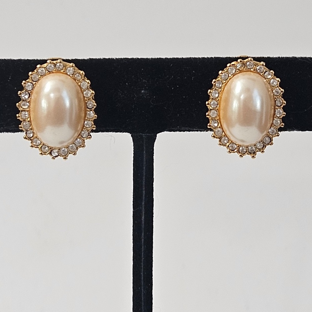 Vintage Monet Faux Pearl Rhinestone Earrings Gold Tone Clip On